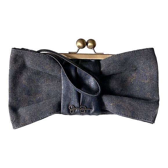 Jessica Simpson Canvas Bow Wristlet Black Gold 10” x 5” EUC - Picture 1 of 7